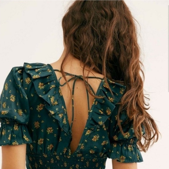 Free People Isabella Silky Floral Blouse in Jewel Forest Ruffle Detail - Picture 3 of 11